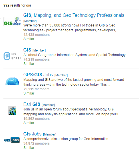 A search displaying results of 992 GIS groups on LinkedIn