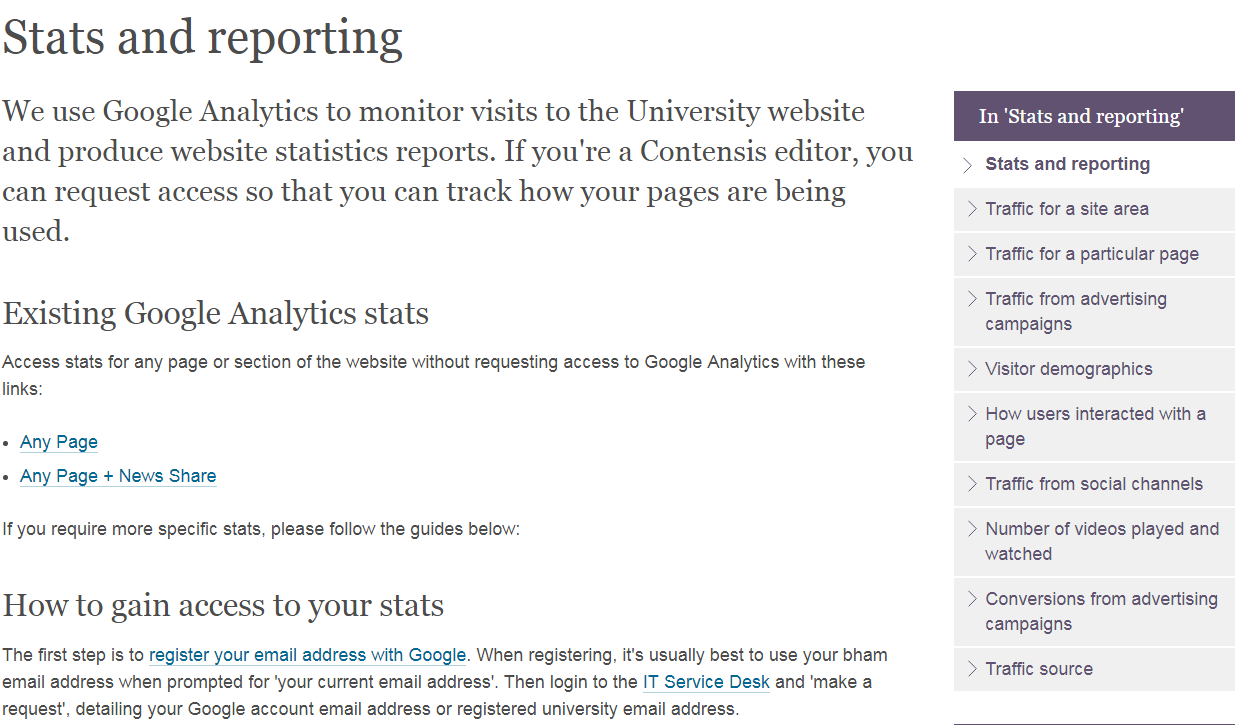 Screenshot of a working menu on the 'Stats and Reporting' intranet page
