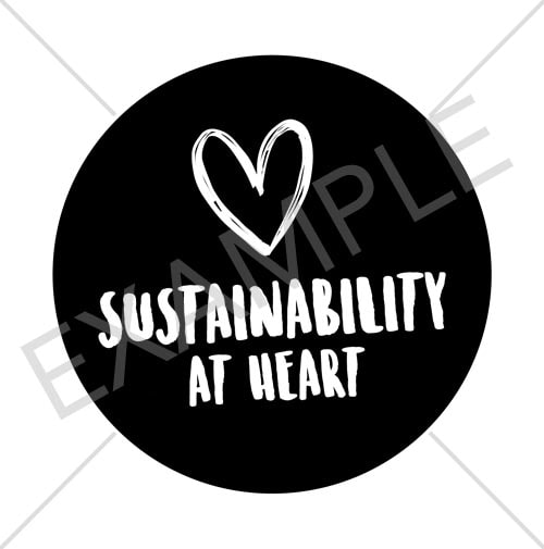 Circular stamp with the words 'Sustainability at heart' (white text on black background) and a hand drawn heart.
