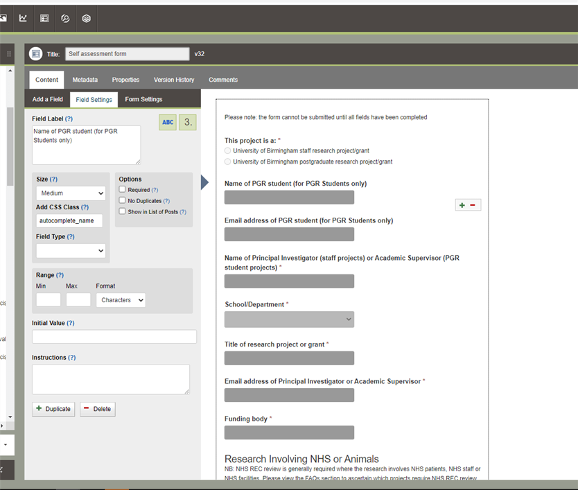 screen shot from within CMS editor of the field settings tab with the css class autocomplete_name added