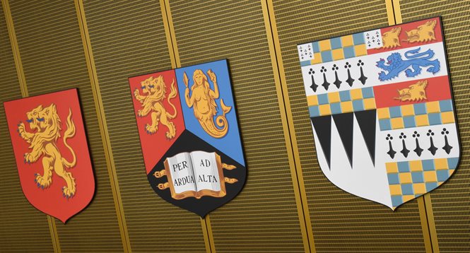 The shields displayed on the 4th floor of the Main Library. The University's coat of arms is in the centre.