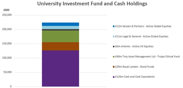 University investment funds and cash holdings bar chart - A stacked graph that breaks down how much of the University's £224m Investment Fund and Cash Holdings is overseen by external investment managers. The graph depicts the following amounts/comp