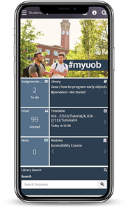 Image is a mock up of what the new My UoB app will look like on a smartphone