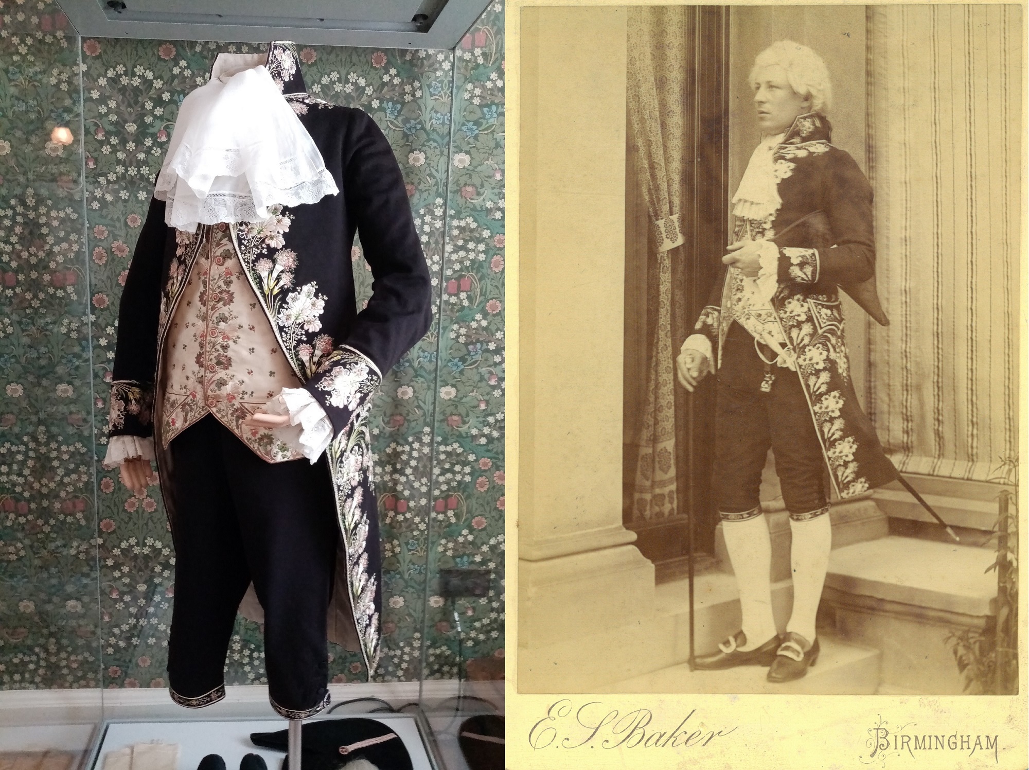 The 18th century suit on display in a glass cabinet (left) and sepia photograph of Hugh Nettlefold wearing the suit to a fancy dress ball in 1891 (right)