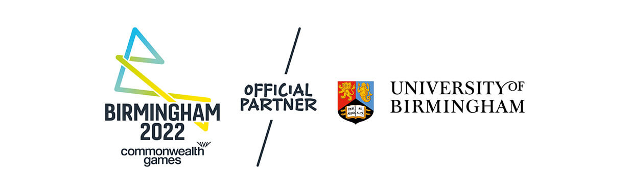 Official partner - Birmingham 2022 logo and University of Birmingham crest and word marque lock-up.