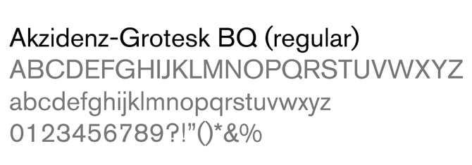 Examples of Akzidenz-Grotesk BQ (regular) font, showing uppercase and lowercase letters and numbers 0-9