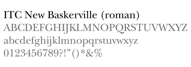 Examples of ITC New Baskerville (roman) font, showing uppercase and lowercase letters and numbers 0-9