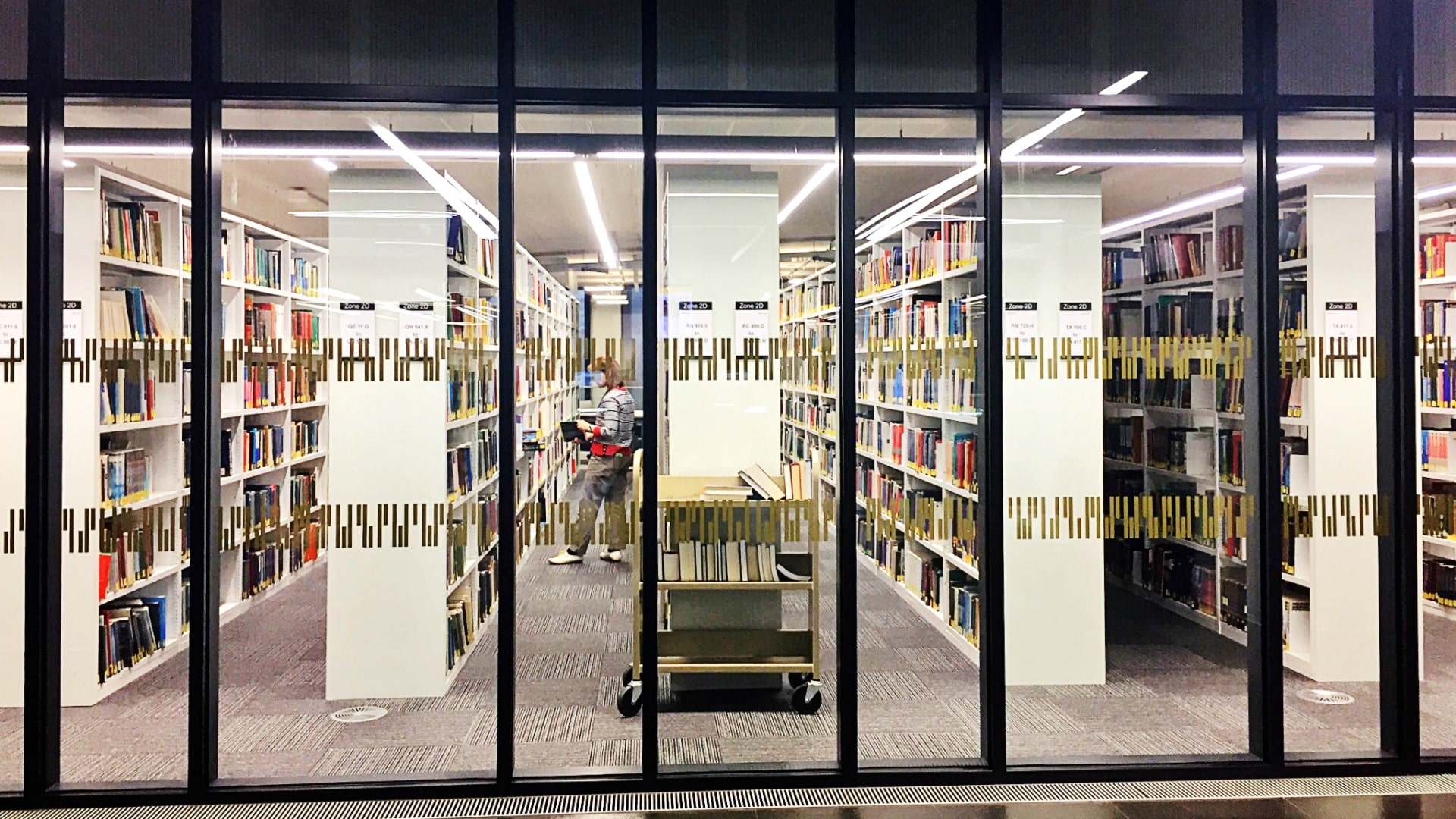 Rows of bookshelves in the University of Birmingham's Main Library.