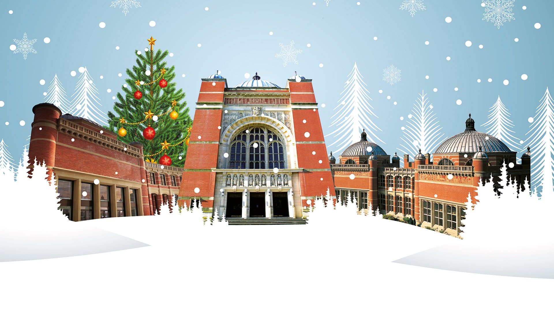 Design showing a snowy Aston Webb scene, with a giant Christmas tree standing in the background.