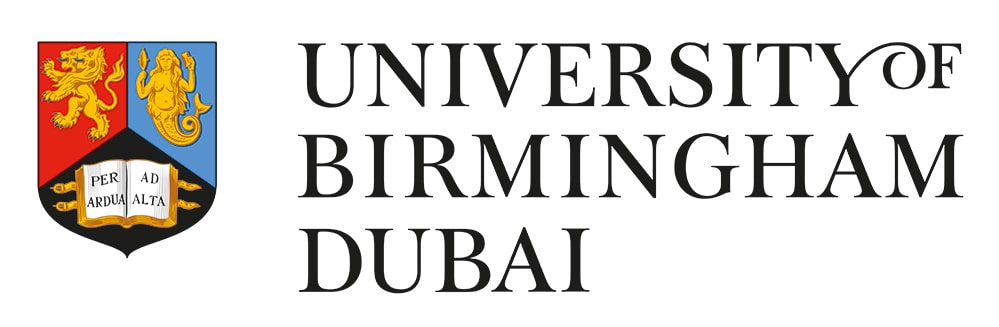 Crest and word marque lock-up for the University of Birmingham Dubai (white background)