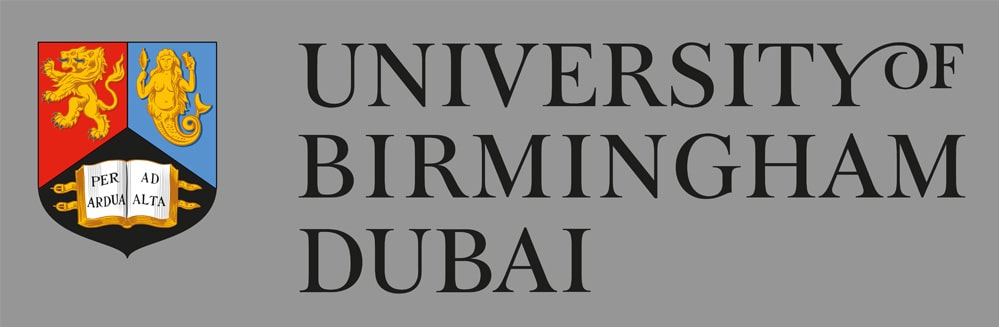 Crest and word marque lock-up for the University of Birmingham Dubai (transparent background black text)