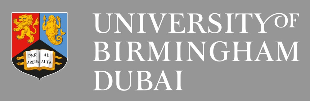 Crest and word marque lock-up for the University of Birmingham Dubai (transparent background white text)