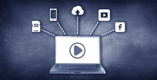 Graphic showing a laptop with different video export locations as symbols, including YouTube, Facebook, memory card, and The Cloud.