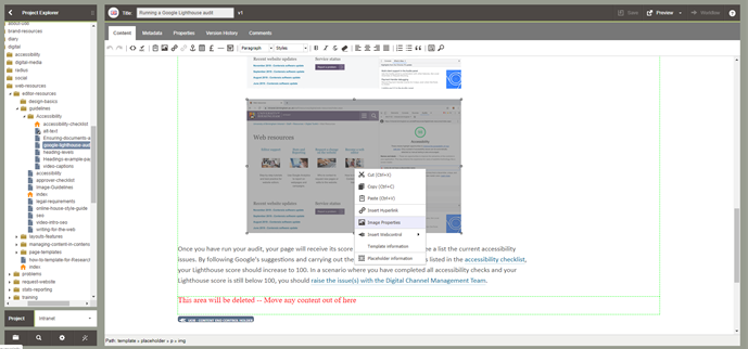 Screenshot of a Contensis editor editing an image's alt tag on a page