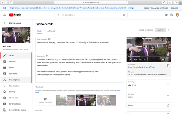 Screenshot of a YouTube video's details page