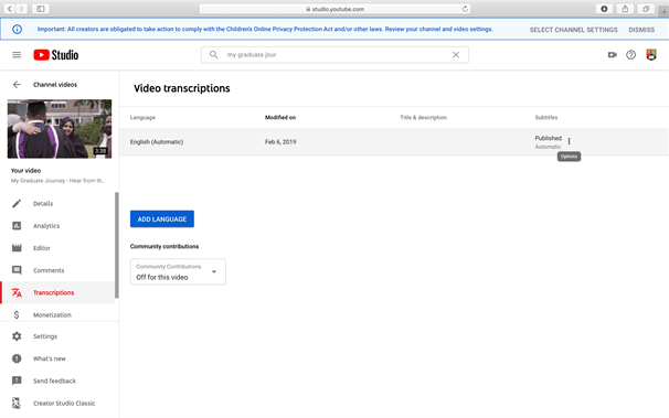 Screenshot of a YouTube video's transcriptions page