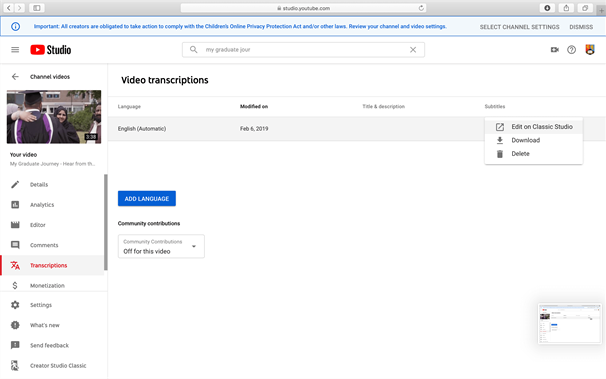 Screenshot of an editor reaching the Classic Studio on YouTube to edit video captions