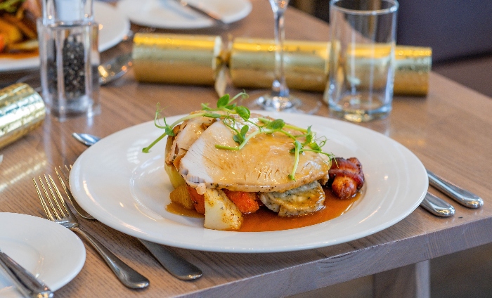 Plate of turkey and vegetables with gold crackers in the background.