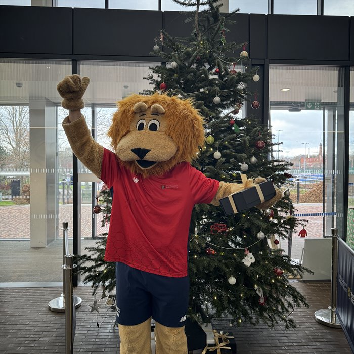 Lion sport mascot with a present in front of a Christmas tree