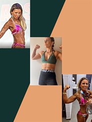 Three small images of Charlotte. She is flexing her muscles.