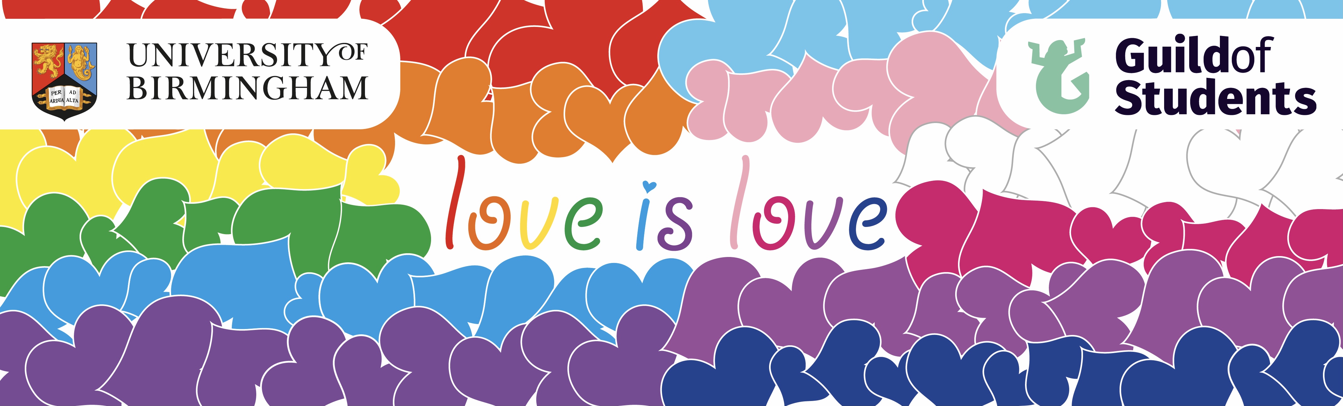 Rainbow flag made of hearts with the words 'Love is Love' in the middle.