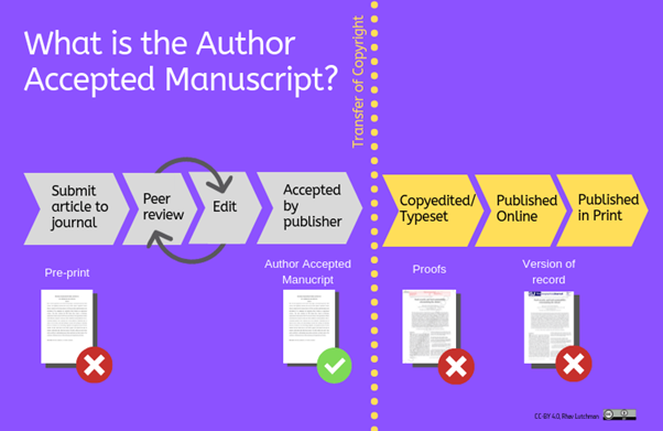 A diagram detailing where the AAM is created in the publishing process (after peer review, but before copyediting/ typesetting.