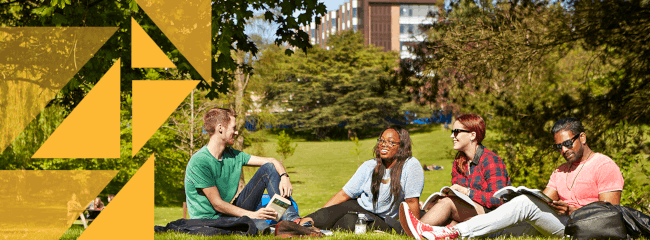 The Living logo - a group of students sitting on the grass