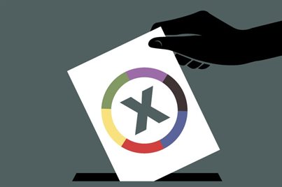 Graphic of a hand placing a crossed ballot paper into a slot.