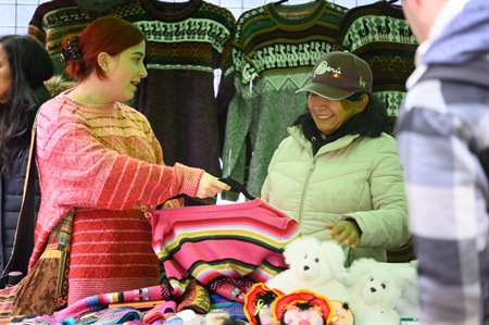 A girl picks up a jumper at a knitwear market stall.