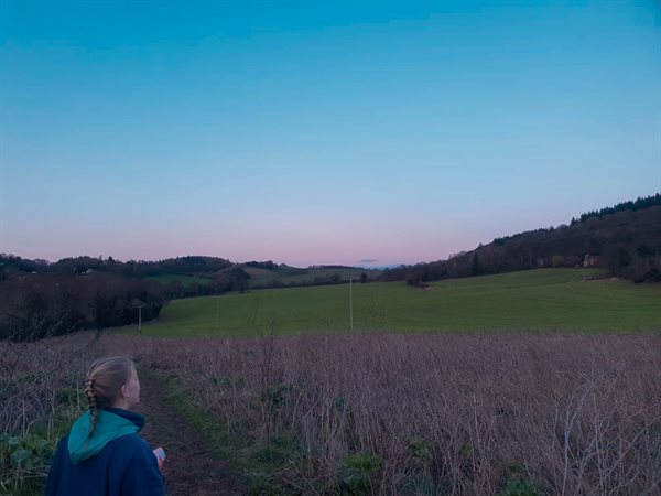 Female student stands in a field with her back to the camera staring at the sunset